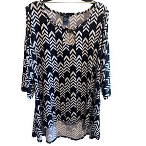 Robert Louis Black White Geometric Design Cold Shoulder Short Sleeve Shirt Sz L